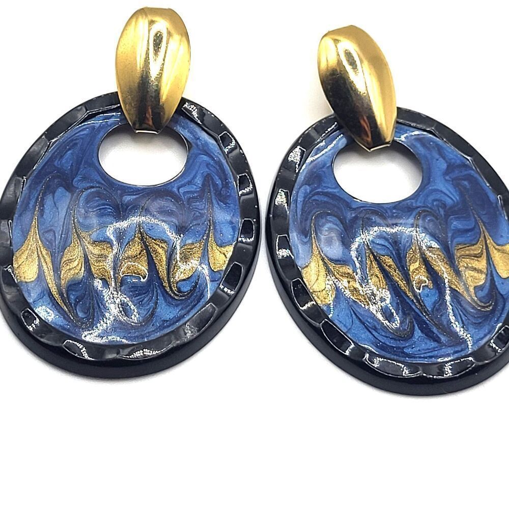Vintage 80s Bold Guilloche Enamel Big Door Knocker Clip Earrings Swirl 2.5in